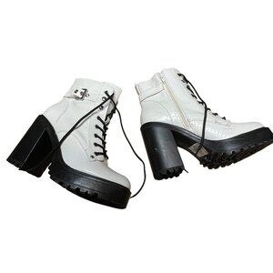 CBG Los Angeles White‎ Croc-Embossed Lace-Up Platform Boots 10M Faux Leather